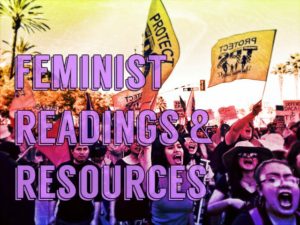 Image for feminist readings and resources with women marching in background