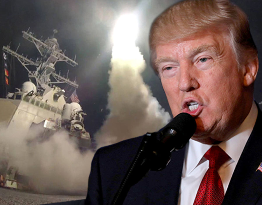 Image of missile launching from US ship with Trump in foreground
