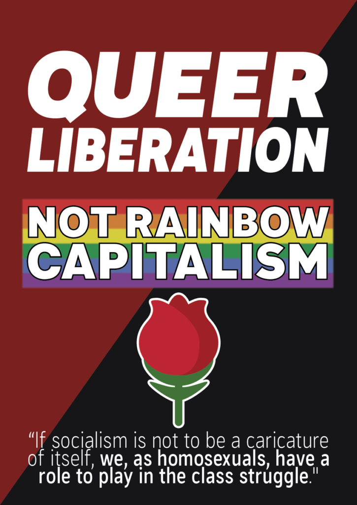 Illustration with red and black flag in background and text "Queer Liberation Not Rainbow Capitalism"