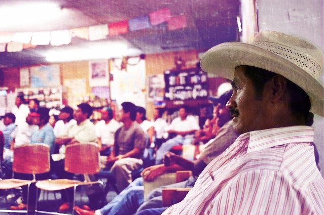 Seated man participates in meeting of farm workers 