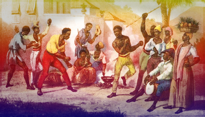 Drawing depicting colonial era slavery in Brazil. A circle is gathered around two men engaged in Capoeira dance.