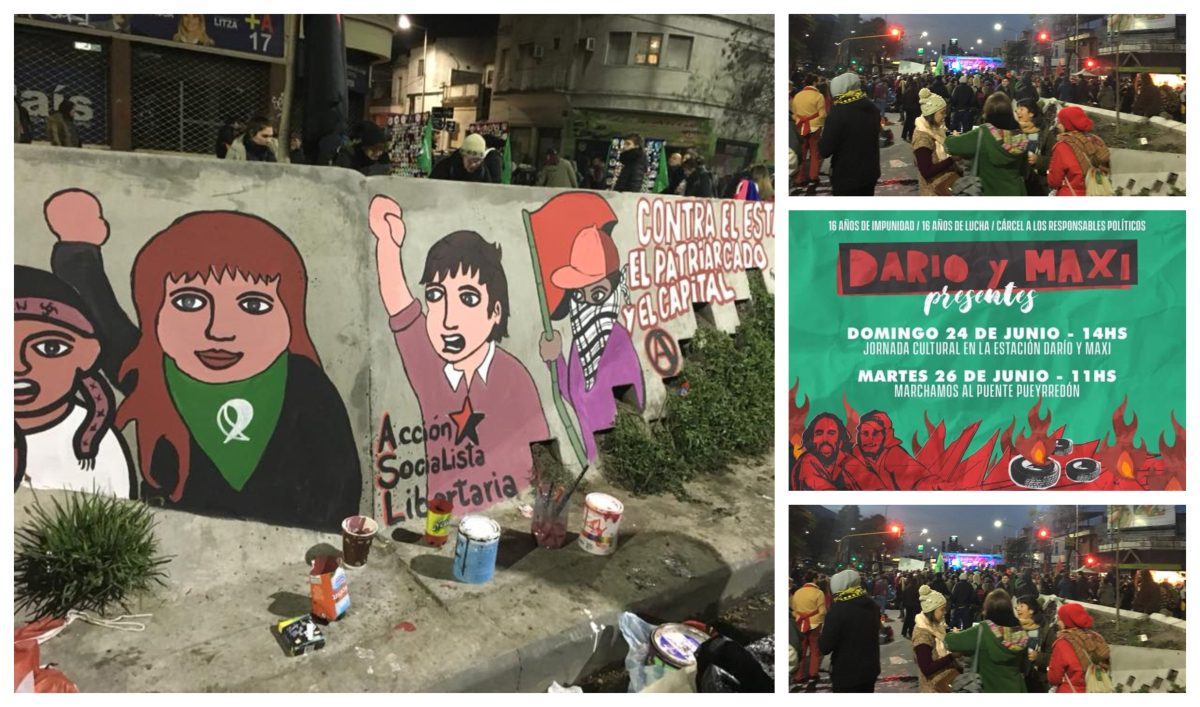 Collage of images related to the ASL in Argentina showing a wall mural of various protester, a protest and an event flyer