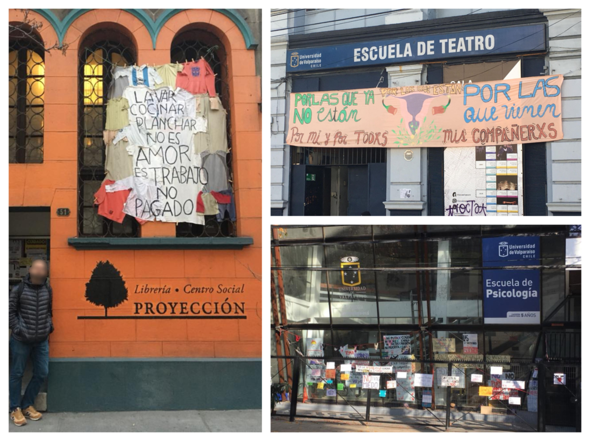Collage of photos from Chile showing the bookstore Proyecion and feminist occupations