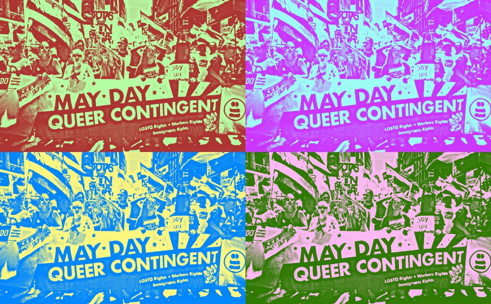 Queer may day contingent mixed into four multicolor sections