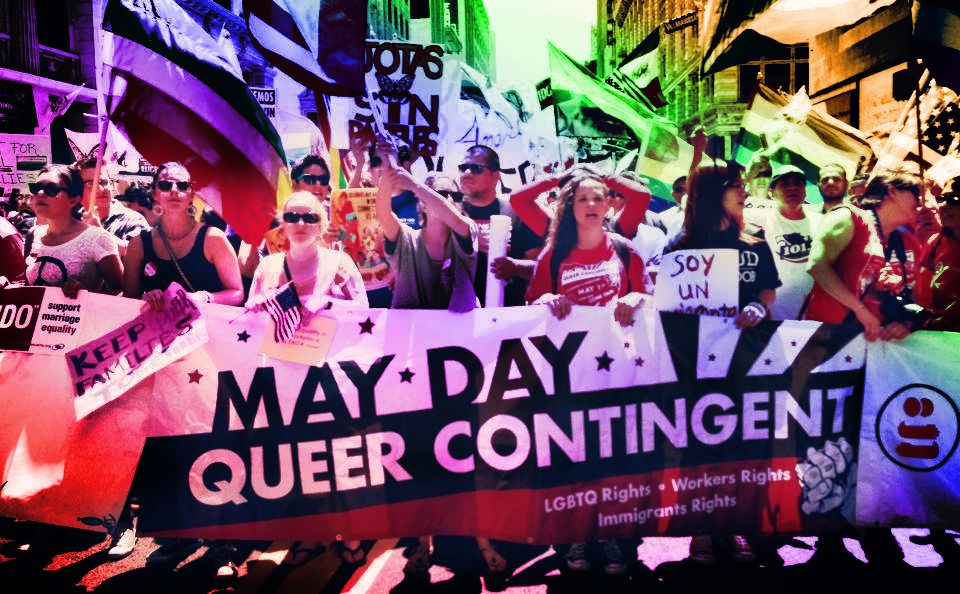 Stylized photo of a May Day queer contingent march