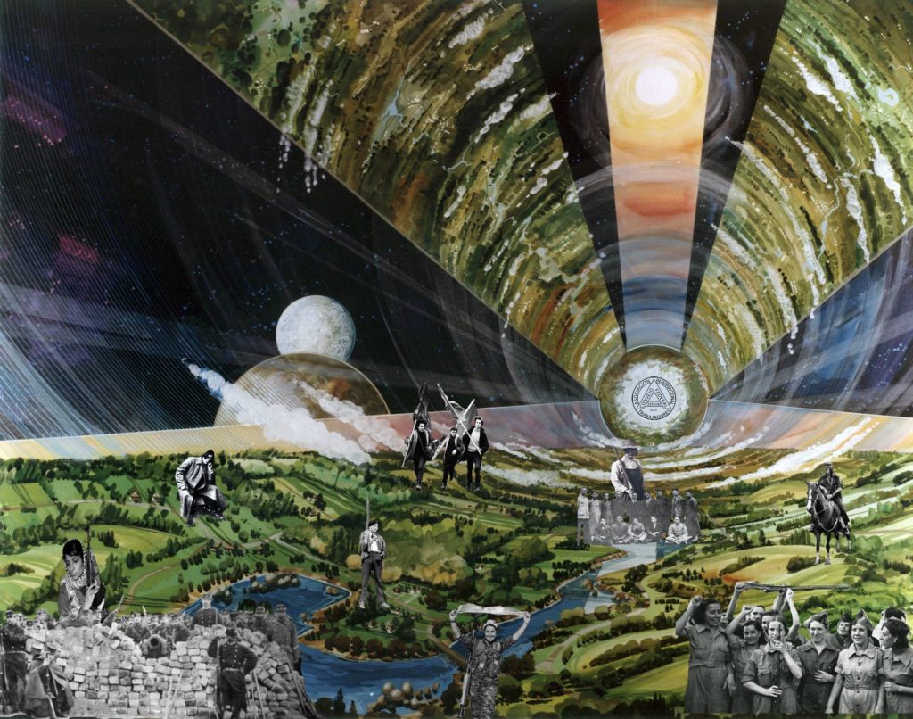 Collage of landscape with space pod, suggesting futuristic themes. Various figures of anarchism can be seen on the landscape.