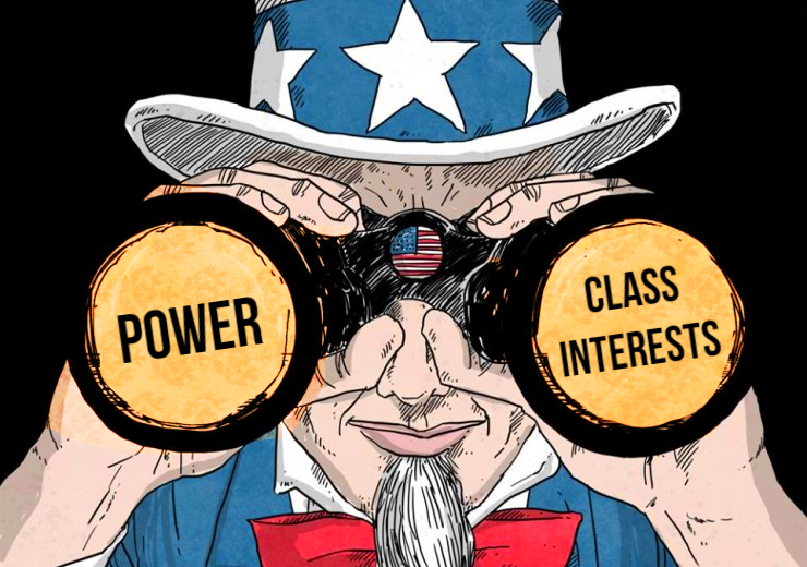 Drawing of Uncle Sam figure looking through binoculars. One lens says "power" the other "class interests."
