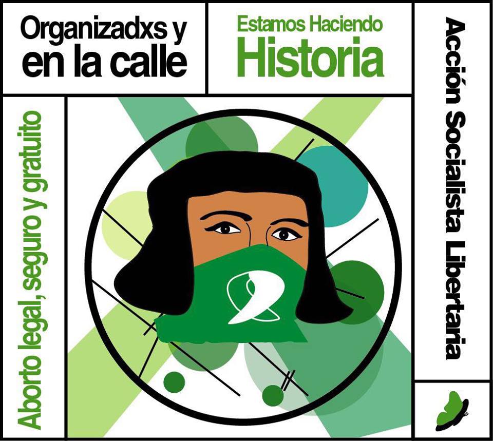 Graphic illustration of woman with green bandana which is the symbol of the abortion rights movement in Latin America. 