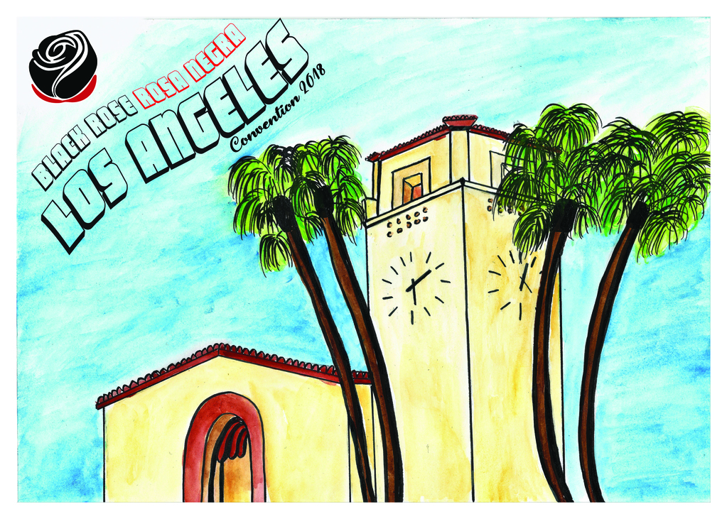 Illustration with ink and water colors showing LA's iconic Union Station. Corner has logo and text "Black Rose Rosa Negra Los Angeles convention 2018"