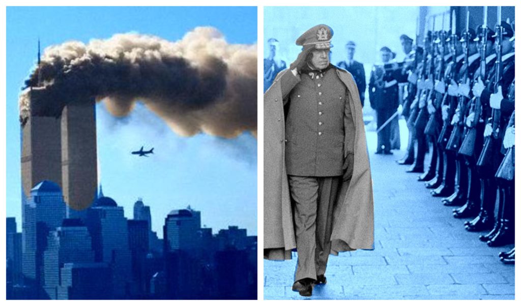 Two images: World trade center towers hit by plane on 9-11 and Pinochet saluting troops.