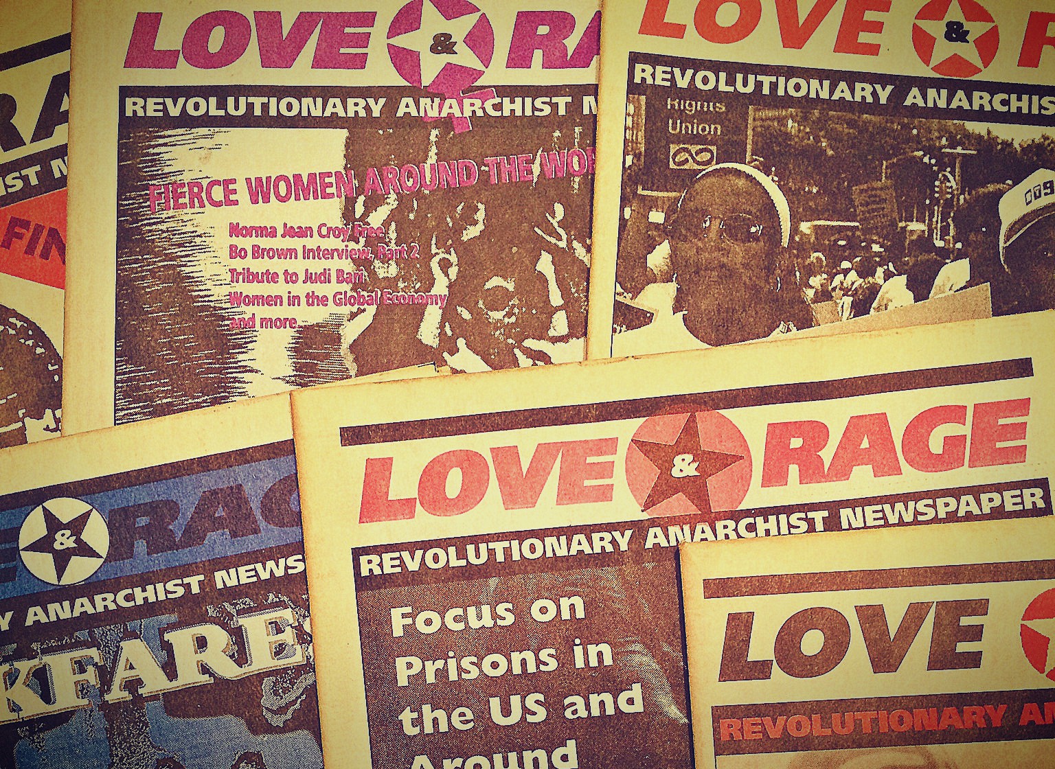 Photo of various issues of Love and Rage newspaper.