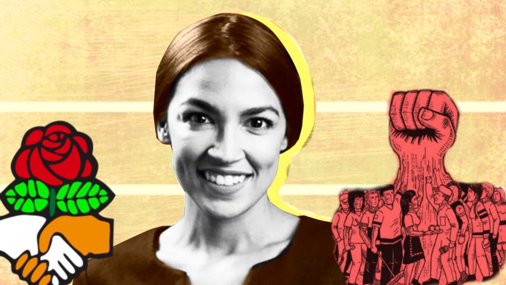 Illustration of Ocasio-Cortez flanked by DSA fist and image of crowd of workers with firsts united into one large first.