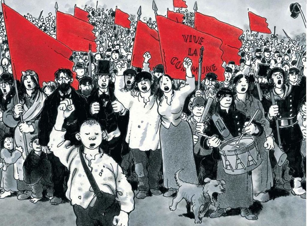 Cartoon drawing of crowd of commune participants fists in air, waving red flags. 