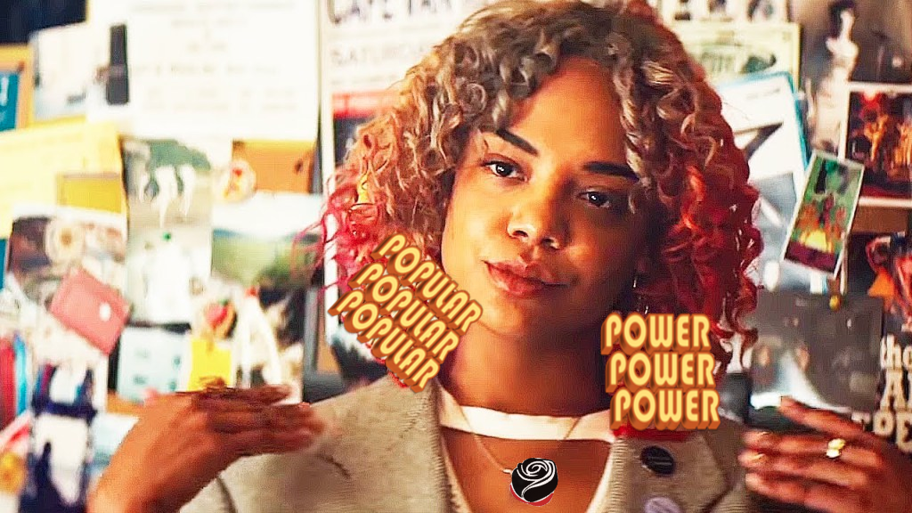 Iconic image of Detroit character from film "Sorry to Bother You." Earrings have been changed from "murder" and "kill" to "Popular Power."