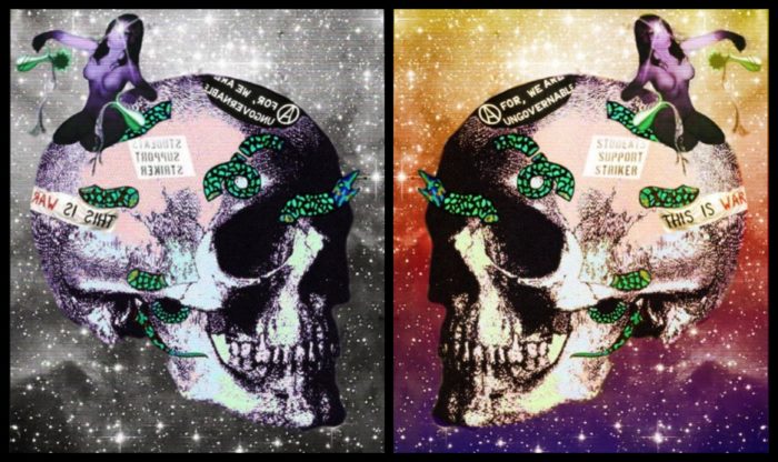 Multimedia art of skull with space background. 