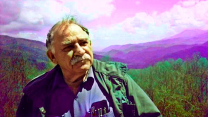Colorized photo of Murray Bookchin, mountains in background.
