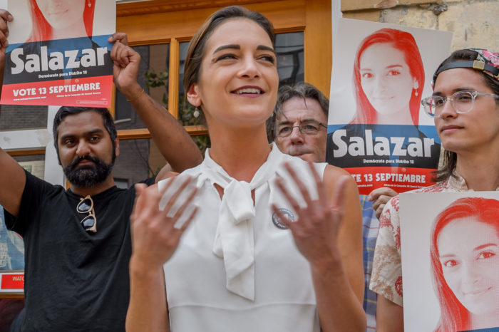 Photo of Julia Salazar speaking to supporters.