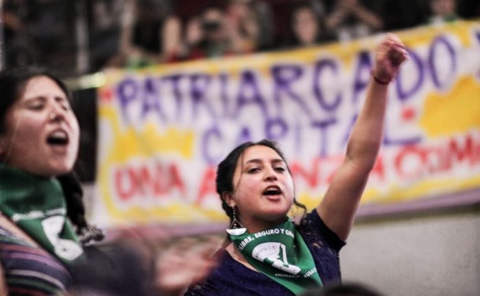 Woman with raised fist with green bandanna of the abortion rights movement. In the background is a banner on patriarchical capitalism.