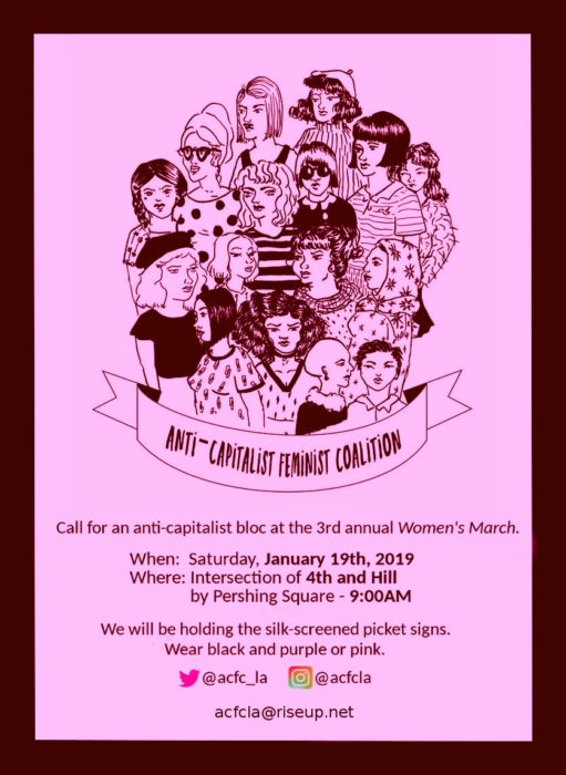 Flyer calling for an Anti-capitalist feminist coalition. Included text and line drawing of a group of women.