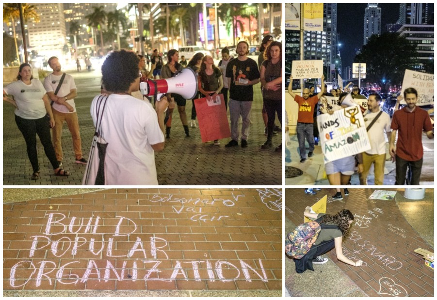Collage of images: Top left and right shows marchers and crows and bottom left and right show chalk drawings of anti-Bolsonaro slogans.