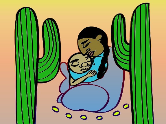 Illustration depicts migrant mother holding young child with cacti on either side. 