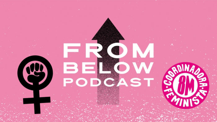 From Below Podcast logo with black feminist fist and 8m feminist strike logo.