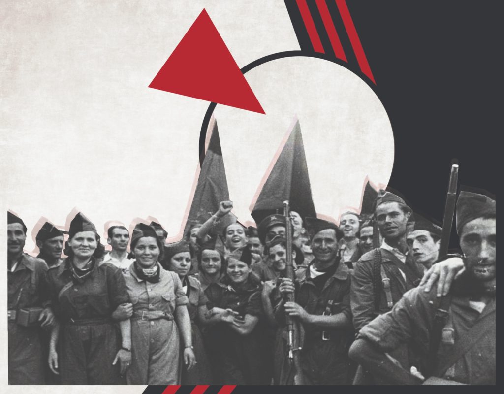Image showing CNT aligned militia members during Spanish Revolution. Image also depicts the classic "red wedge" image of the Russian Revolution.